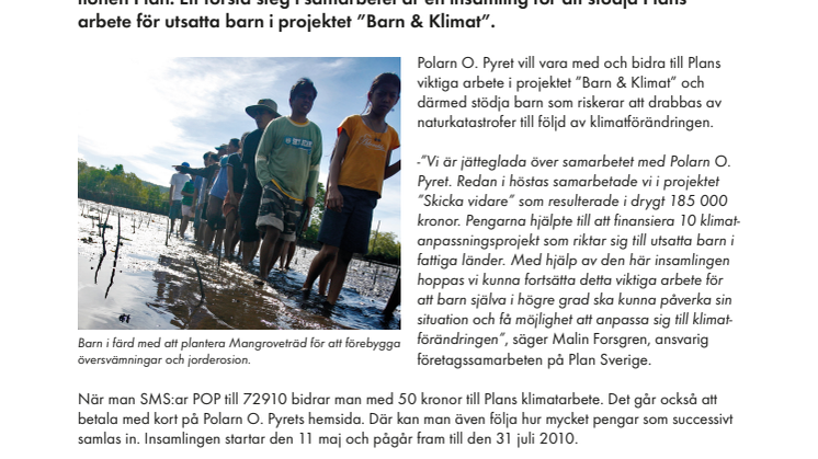 POLARN O. PYRET OCH PLAN SVERIGE INLEDER SAMARBETE – Startar insamling för projektet ”Barn & Klimat”