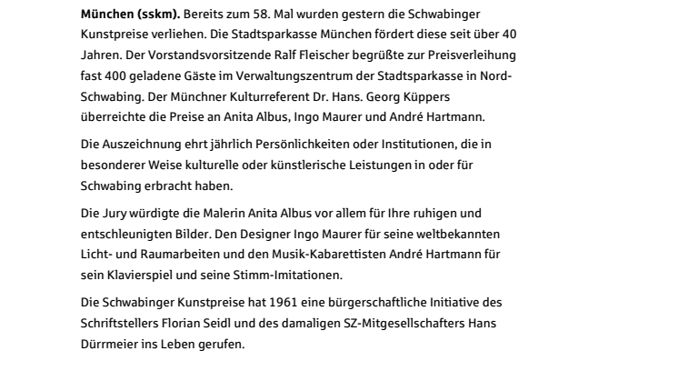 Schwabinger Kunstpreise für Malerin Anita Albus, Designer Ingo Maurer und Musik-Kabarettist André Hartmann!