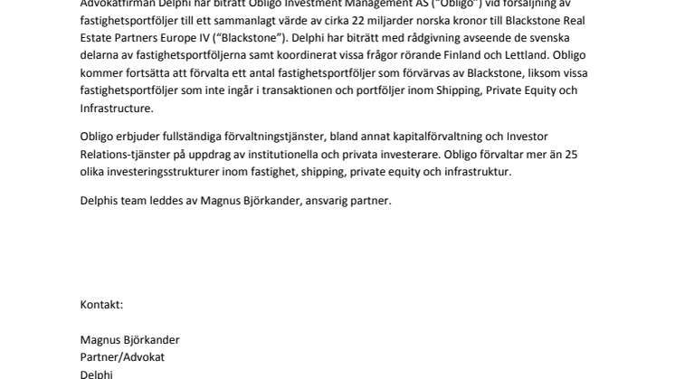 Delphi har biträtt Obligo Investment Management AS (“Obligo”) vid försäljning av fastighetsportföljer