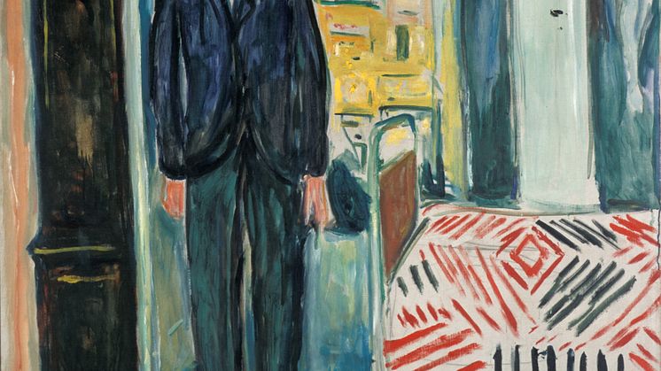 Selvportrett. Mellom klokken og sengen. Edvard Munch 1940-43