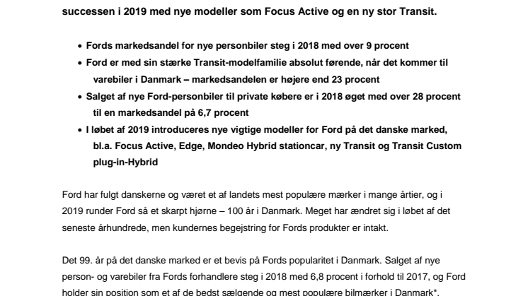 Ford står stærkt med øget salg i 2018 – klar til at fejre 100 år i Danmark