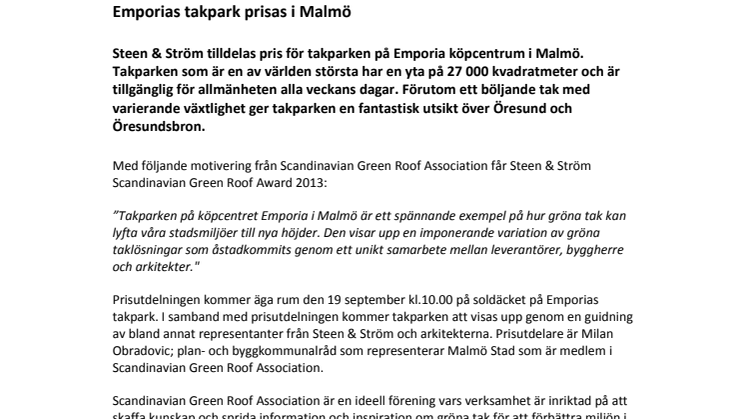 Emporias takpark prisas i Malmö