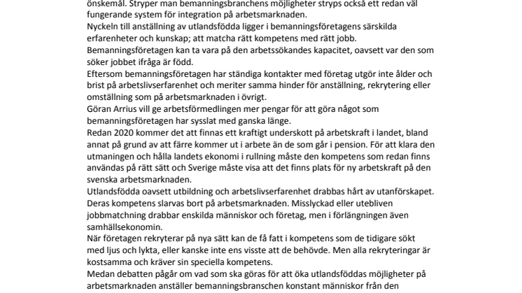 Bemanningsföretagen är kraftigaste motorn för integration på arbetsmarknaden