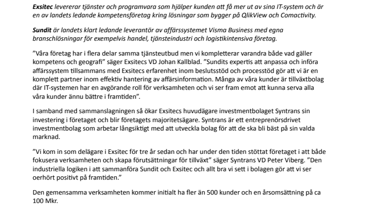 Exsitec AB går samman med Sundit AB