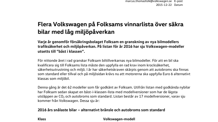 Flera Volkswagen på Folksams vinnarlista över säkra bilar med låg miljöpåverkan