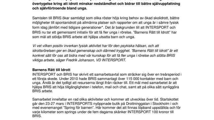 Barnens Rätt till Idrott: INTERSPORT och BRIS skapar nytt initiativ för unga