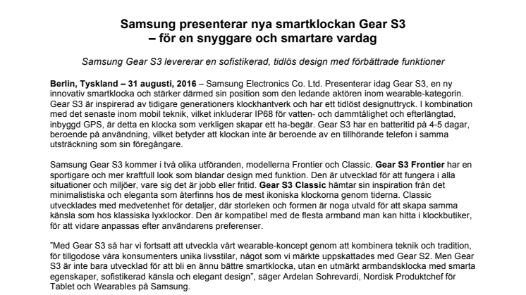 Samsung presenterar nya smartklockan Gear S3  – för en snyggare och smartare vardag