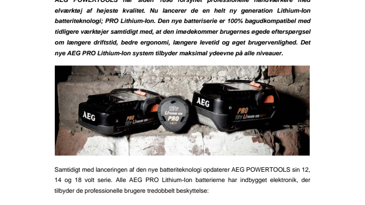 Rå batteridrevet kraft med ny PRO Lithium-Ion batteriteknologi fra AEG POWERTOOLS