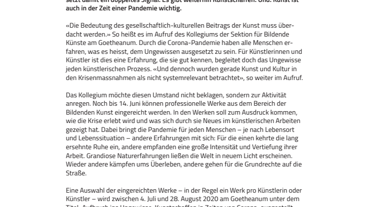 Aufbruch ins Ungewisse: Aufruf ‹Kunstschaffen in Zeiten von Corona›