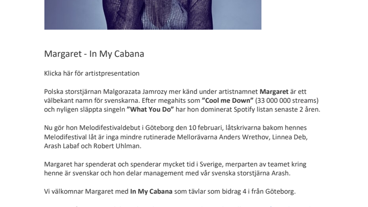 Margret "In my Cabana" får en andra chans i Melodifestivalen på lördag från Kristianstad
