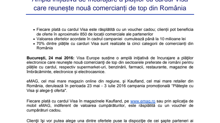 Amplă inițiativă de încurajare a plăților cu cardul Visa care reunește nouă comercianți de top din România