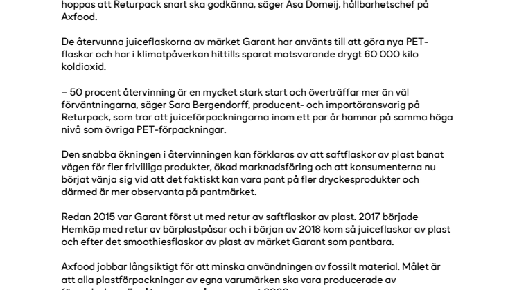 Succé för pant på Garants juice i plastflaskor