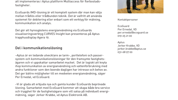 Aptus och EcoGuard startar samarbete kring individuell energimätning