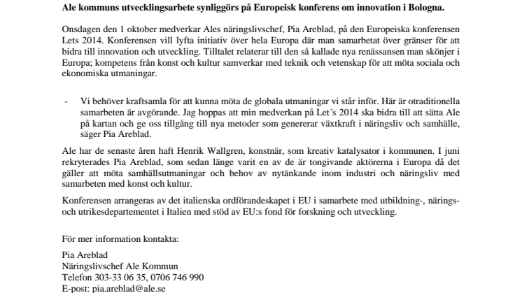 Ale kommuns utvecklingsarbete synliggörs på Europeisk konferens om innovation i Bologna.