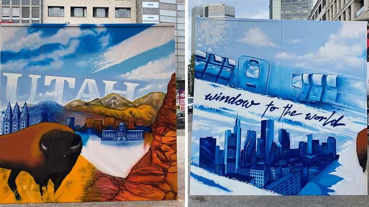 Street-Art in der Frankfurter Innenstadt anlässlich des Erstflugs von Eurowings Discover nach Salt Lake City