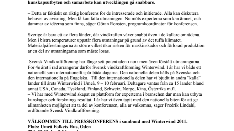Winterwind 2011- Svensk vindkraftförenings konferens öppnar för lönsam vindkraft i kyla