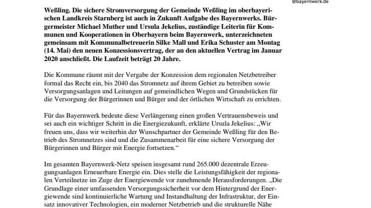 Konzessionsverlängerung: Bayernwerk und Gemeinde Weßling bleiben Partner