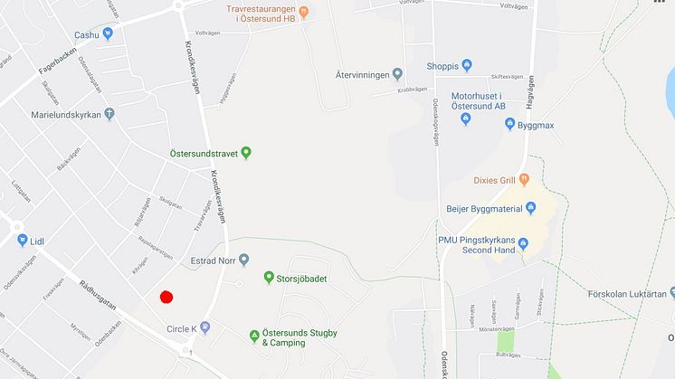 Översiktskarta till tomtvisning av BoKlok Sargen. Mötesplats markerad med rött. 