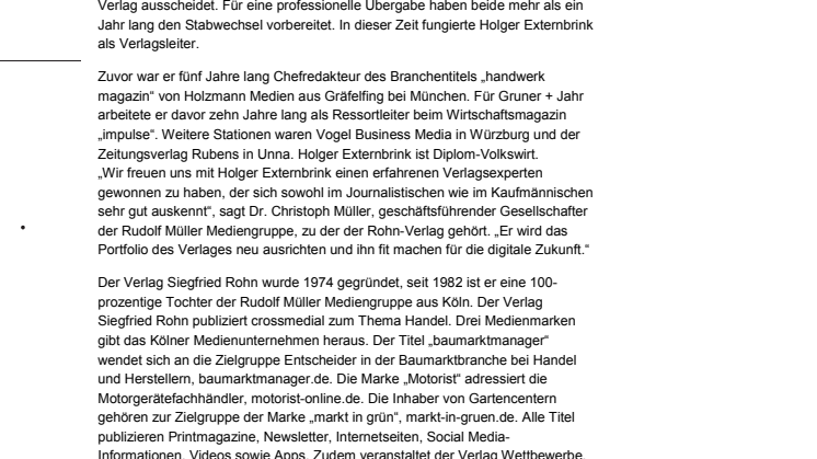 Verlag Siegfried Rohn beruft Holger Externbrink zum neuen Geschäftsführer