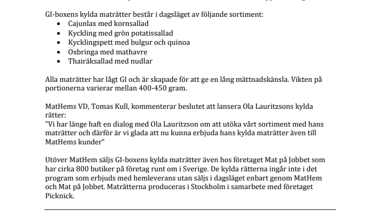 MatHem utökar sortimentet med Ola Lauritzsons kylda GI-rätter