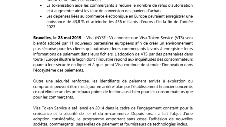 Onze nouveaux partenaires adoptent Visa Token Service pour rassurer les consommateurs  effectuant des achats en ligne 