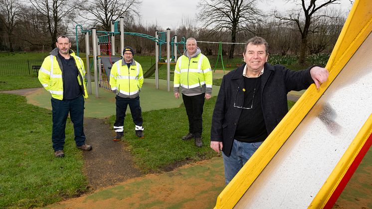At the new play area at Ramsbottom Pool are (from left) Cllr Alan Quinn (cabinet member) and Kevin Dickinson (grounds manager) with play area inspectors.