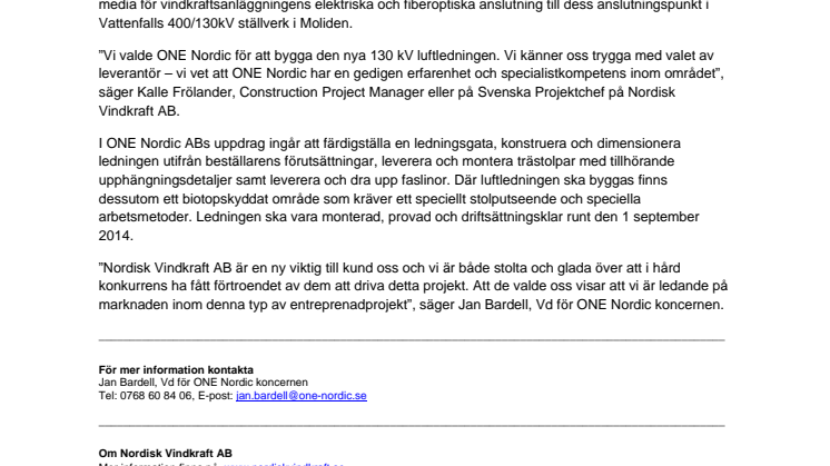 ONE Nordic bygger en 130 kV ledning till Nordisk Vindkrafts nya vindkraftanläggningen Sidensjö