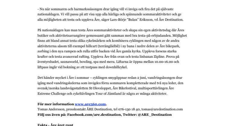 Åre drar igång sommarsäsongen på nationaldagen