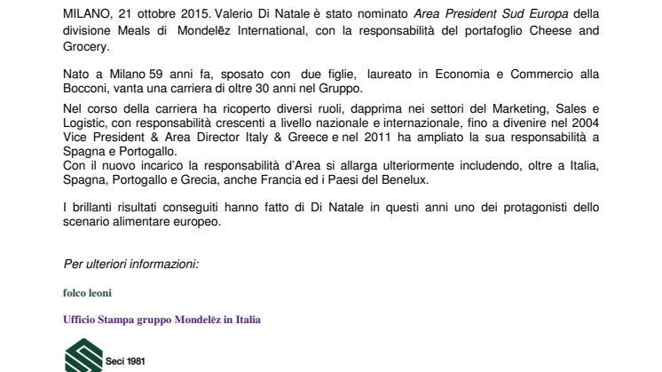 Valerio Di Natale alla guida della divisione Meals del gruppo Mondelēz International in Sud Europa