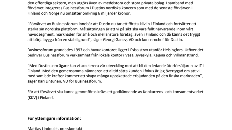 Dustin förvärvar finska IT-återförsäljaren Businessforum
