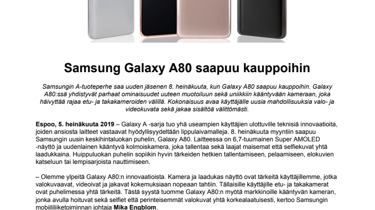 Samsung Galaxy A80 saapuu kauppoihin