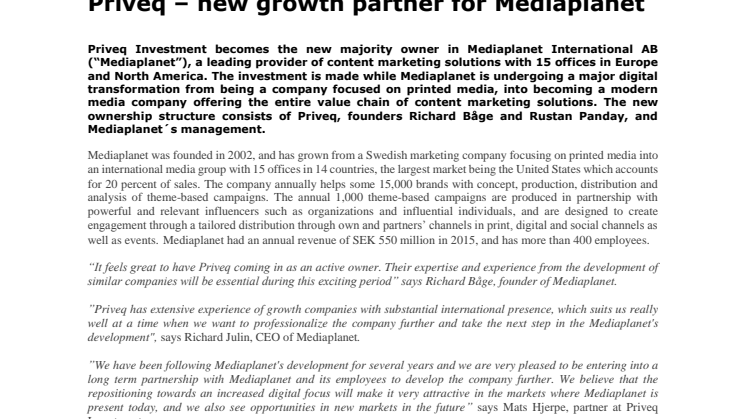 Priveq - new growth partner for Mediaplanet