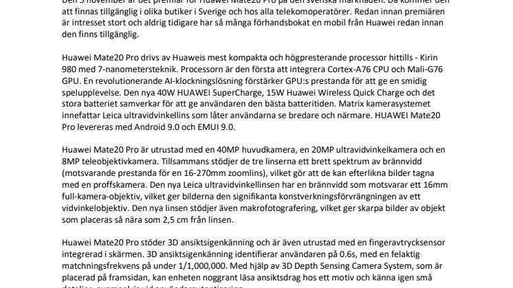 Säljstart för succételefonen Huawei Mate20 Pro