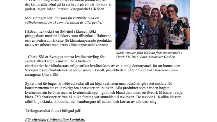 Chark-SM 2016 avgjort:  Sveriges bästa köttbullar tillverkas i Skara 