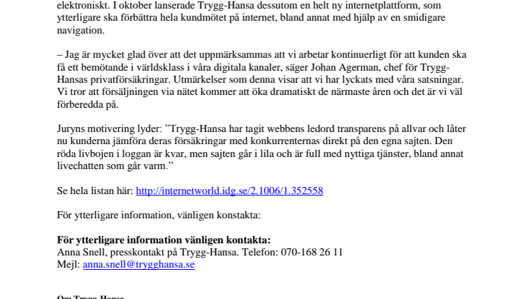 Trygg-Hansa utnämnd till bästa försäkringsbolag på nätet