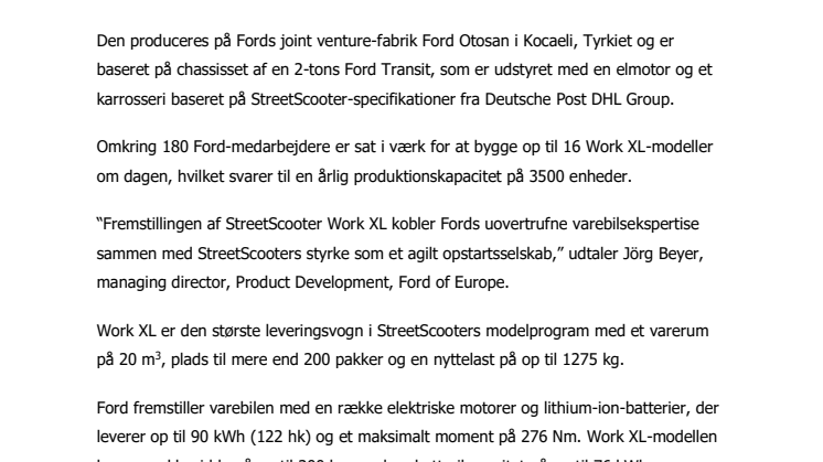 Ford starter produktion af den elektriske varebil StreetScooter Work XL