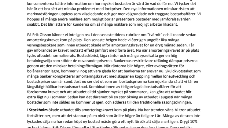 Erik Olsson Fastighetsförmedling kommenterar bostadsmarknaden 15 juni 2016
