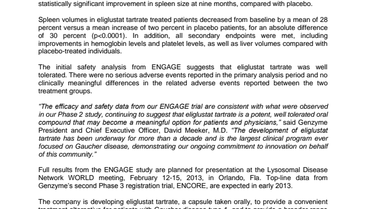   Genzyme Phase 3 Study of Oral Compound Eliglustat Tartrate for Gaucher Disease Meets Primary Endpoint