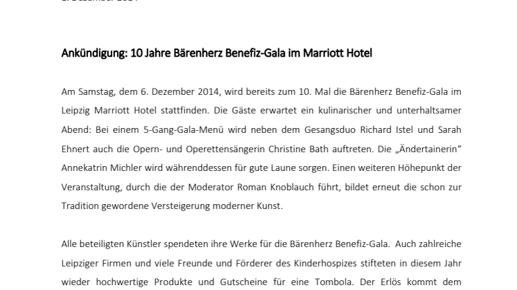 Ankündigung: 10 Jahre Bärenherz Benefiz-Gala im Marriott Hotel