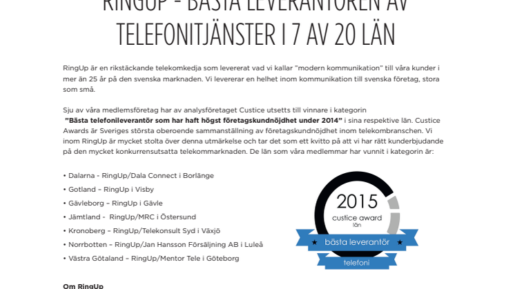 RingUp - bästa leverantören av telefonitjänster i 7 av 20 län