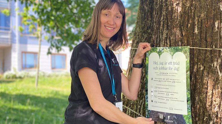 Poseidons utemiljöcontroller Ivana Trogrlic märker en skogsalm på Elins gård 4 med en så kallad tree-tag som visar vilken nytta trädet gör.