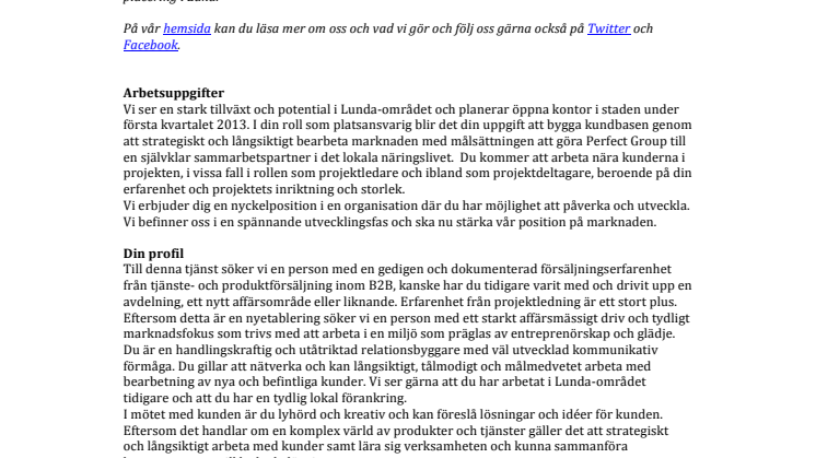 Perfect Group expanderar och söker verksamhetsansvarig i Lund