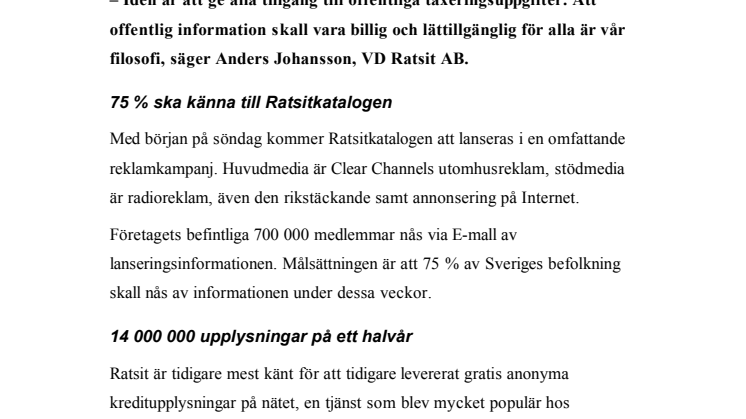 Ratsitkatalogen ska nå 75 % av svenskarna