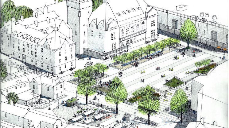 Från gestaltningsprogrammets remissförslag. Visionsbild över Stora Torget och Bondtorget. Illustration: Sweco.