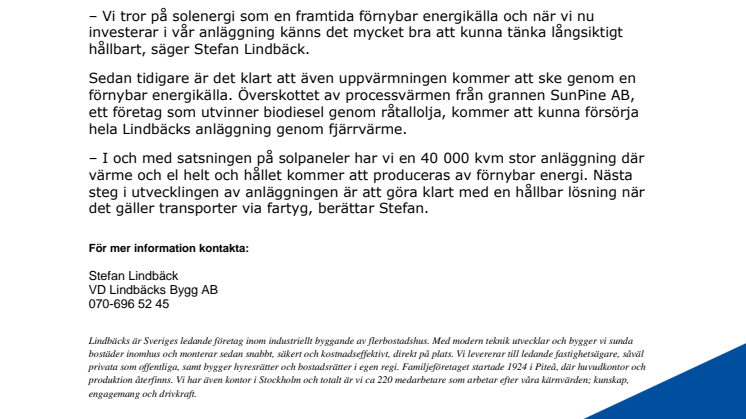 Solenergi ska försörja Lindbäcks nya produktionsanläggning