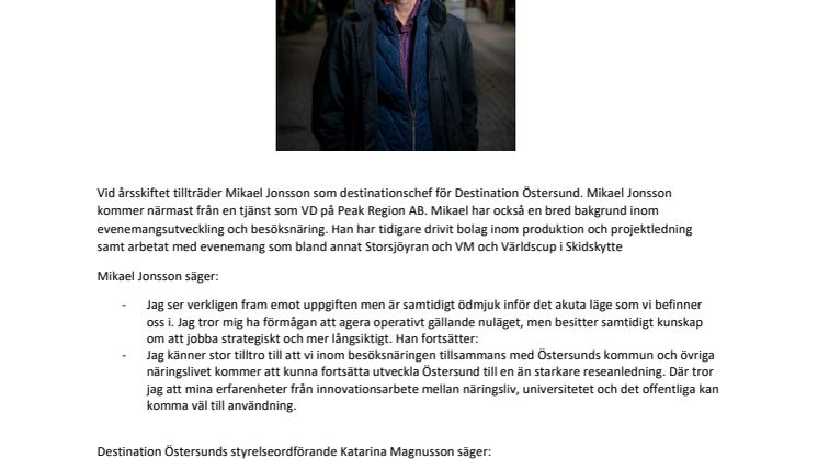 Mikael Jonsson utsedd till ny destinationschef     för Destination Östersund 