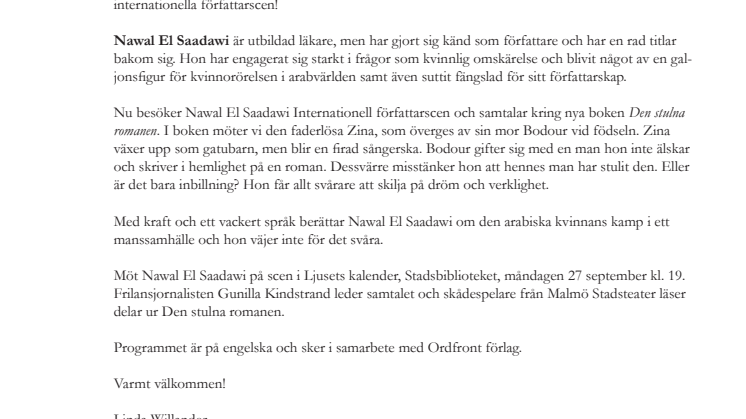 INTERNATIONELL FÖRFATTARSCEN: Nawal El Saadawi i samtal med Gunilla Kindstrand