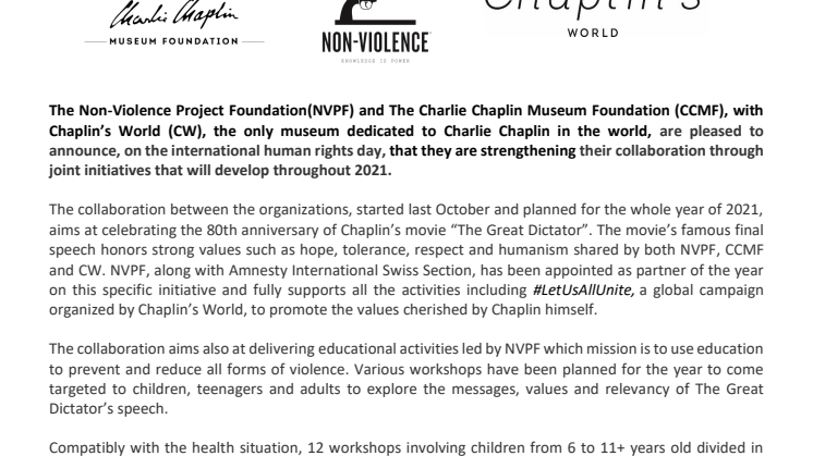 The Non-Violence Project Foundation and The Charlie Chaplin Museum Foundation with Chaplin’s World support are strengthening their partnership throughout 2021