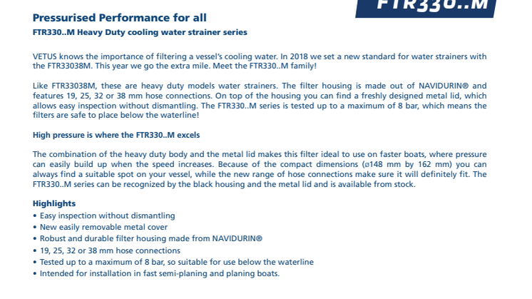 VETUS FTR330..M water strainers - Information Sheet