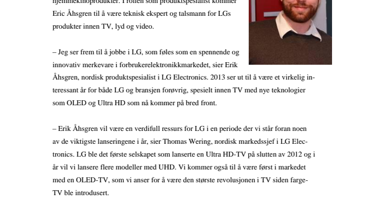 ERIK ÅHSGREN NY PRODUKTSPESIALIST FOR TV/AV I LG ELECTRONICS